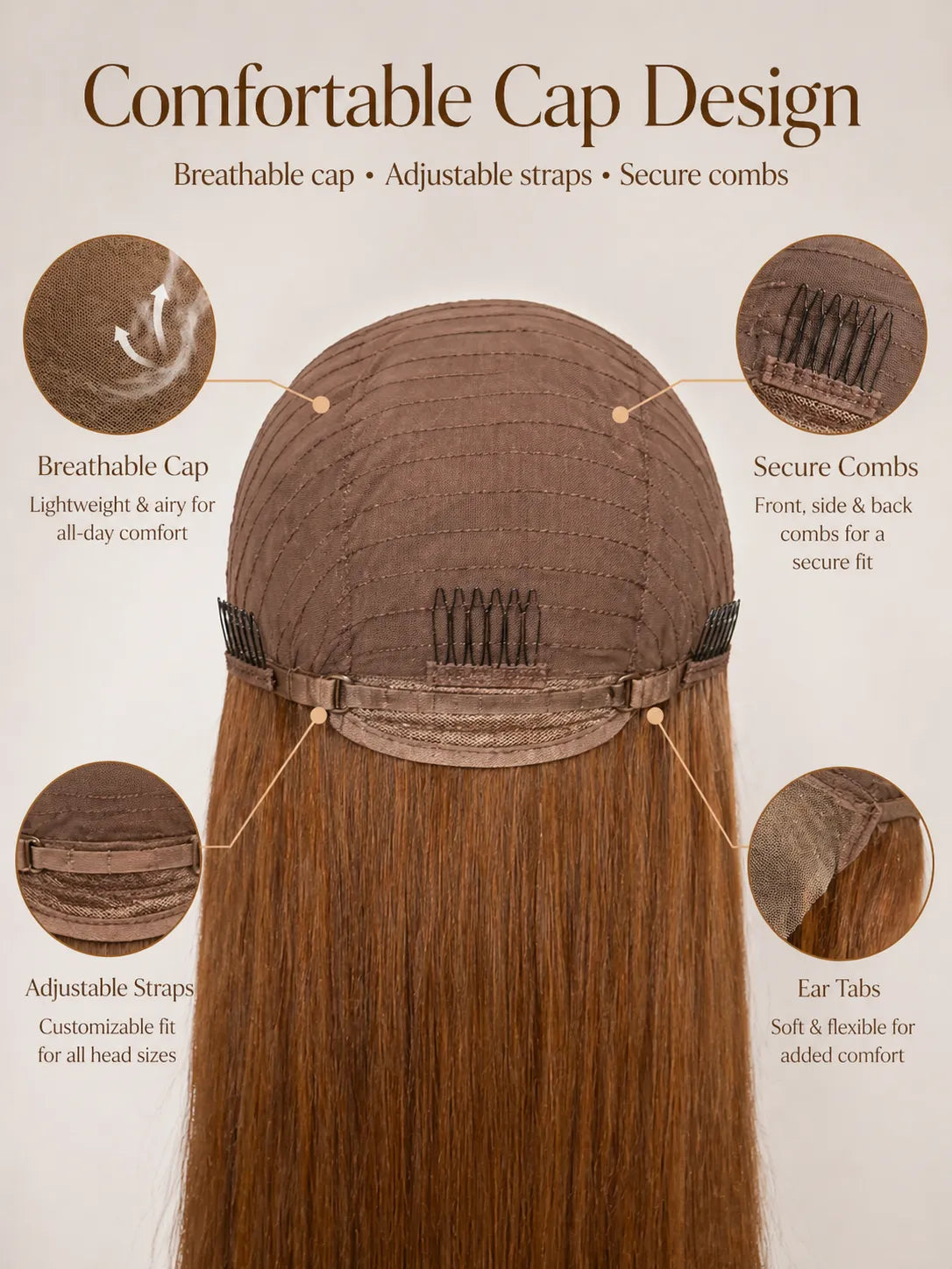 Close-up view of brown straight human hair wig texture and lace detail