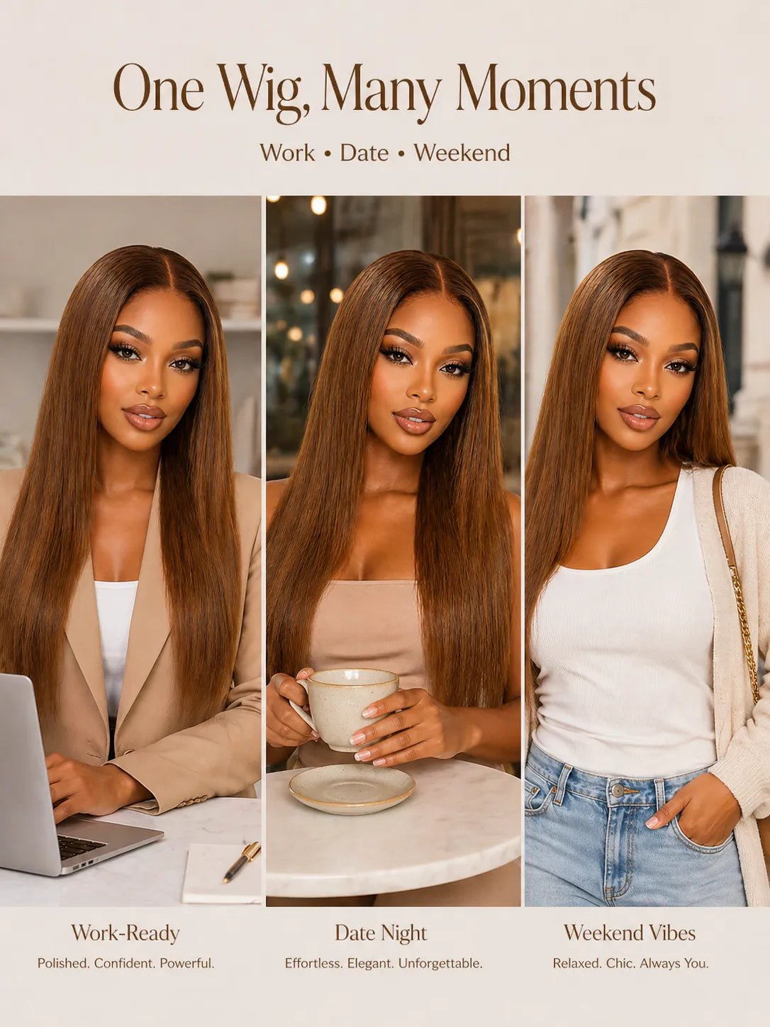 Detail view of lace front and natural hairline with soft texture and natural finish