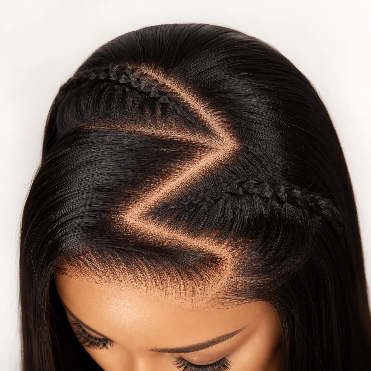 one large zigzag parting on the left, one straight middle parting on the upper right, and one curved side parting on the lower right. The lace should look realistic and natural, with visible scalp-like parting, clean plucked hairline, small knots, soft baby hairs, and glossy black human hair. Focus on the top of the head and lace frontal area. Use a clean white or soft beige background, bright studio lighting, sharp focus, high-end wig ecommerce style,