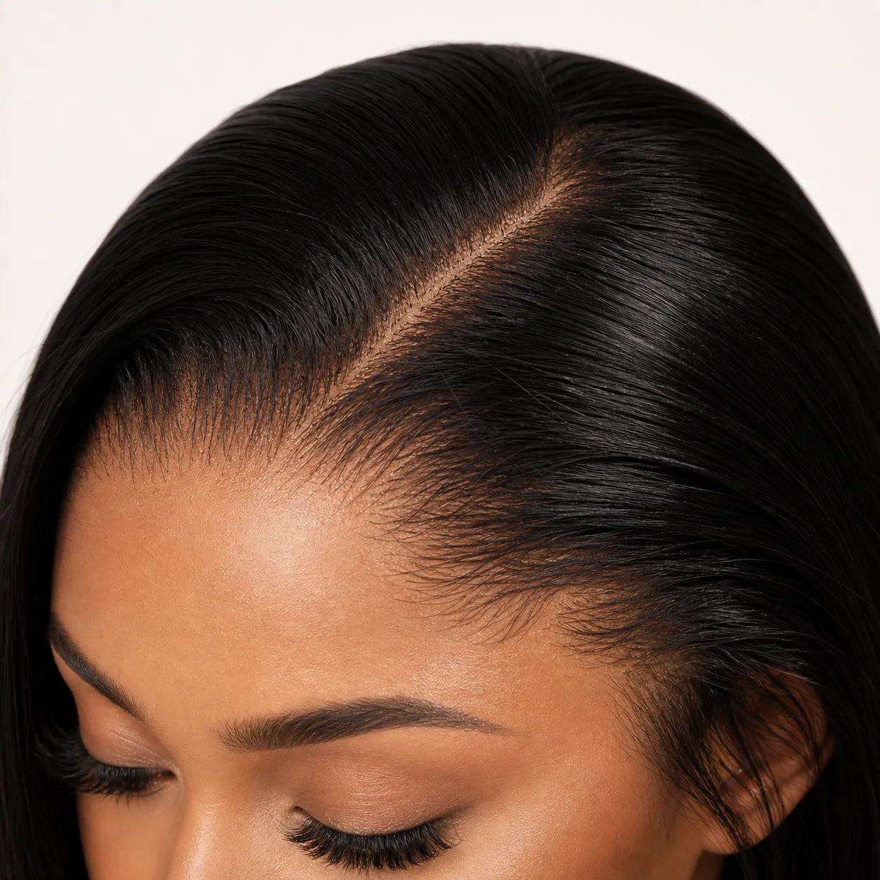  The lace should look realistic and natural, with visible scalp-like parting, clean plucked hairline, small knots, soft baby hairs, and glossy black human hair.