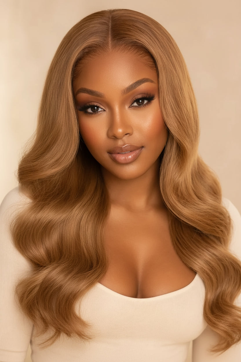 Woman with long, wavy, honey blonde hair against a beige background