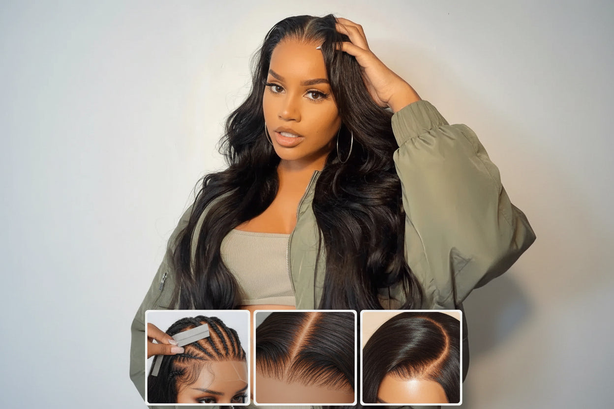 Woman with styled hair and close-up shots of hairline and scalp.