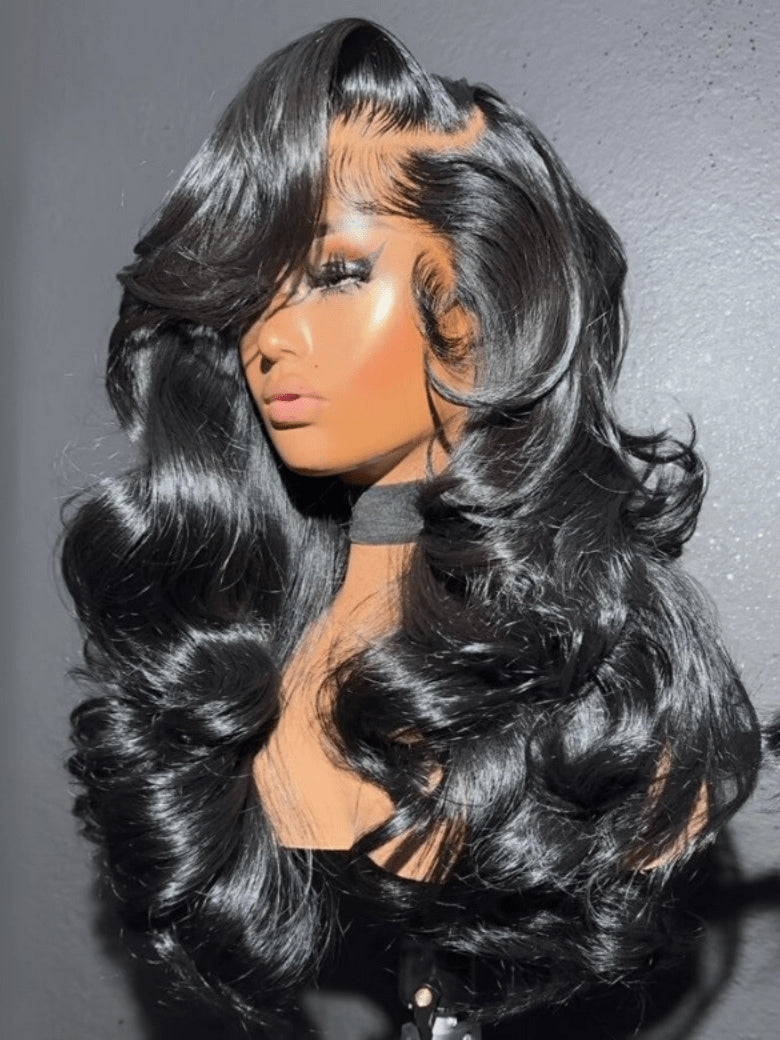 Product detail view of body wave human hair wig with soft texture and natural finish