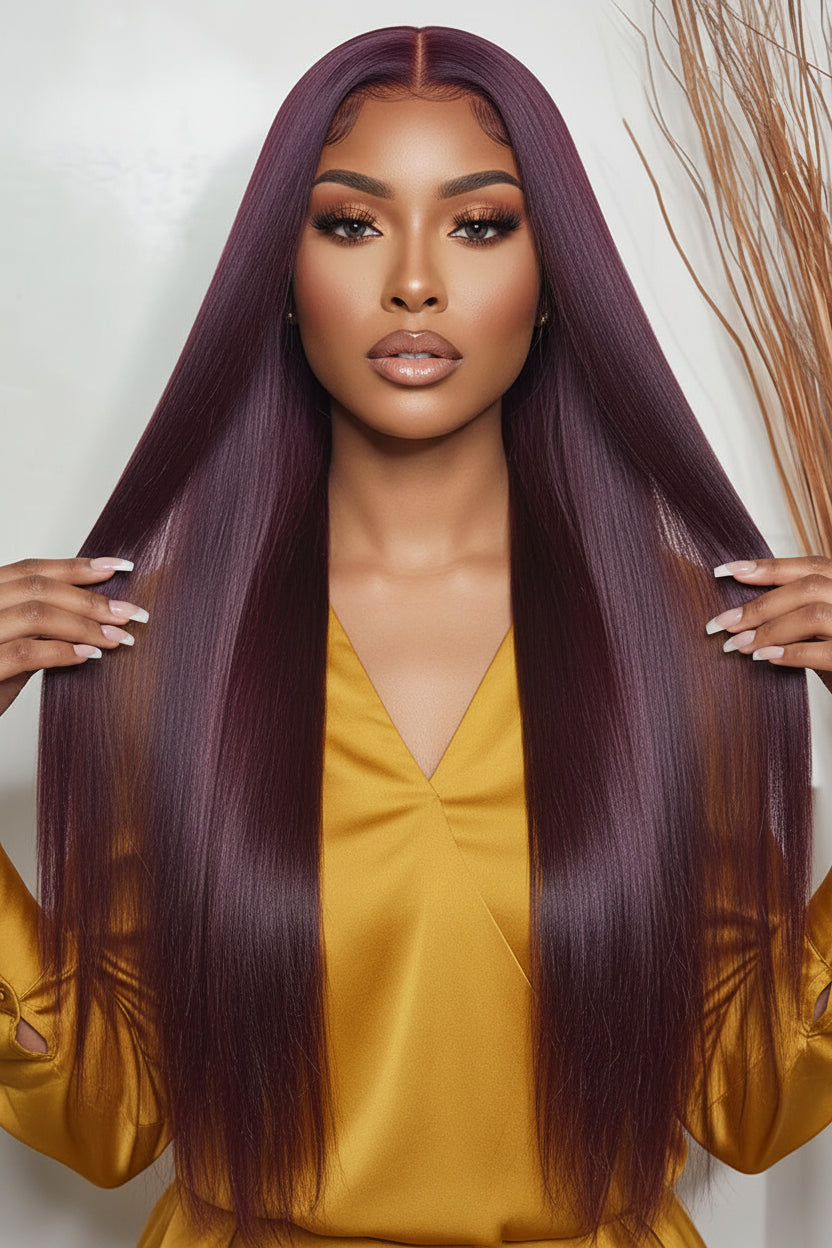 Woman with long, straight, dark purple hair holding it with both hands against a neutral background.