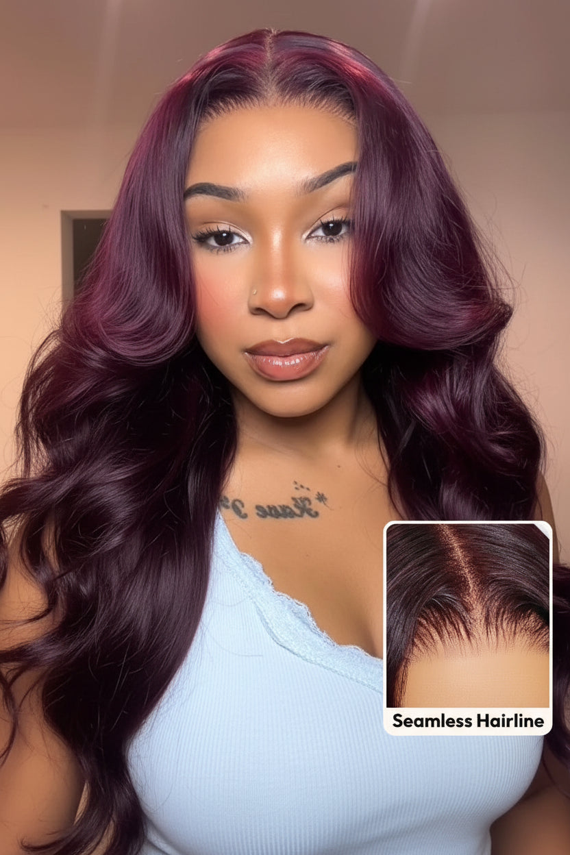 Woman with long, wavy purple hair and a close-up of her hairline.