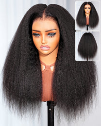 Lifestyle view of model wearing natural black yaki straight glueless human hair wig