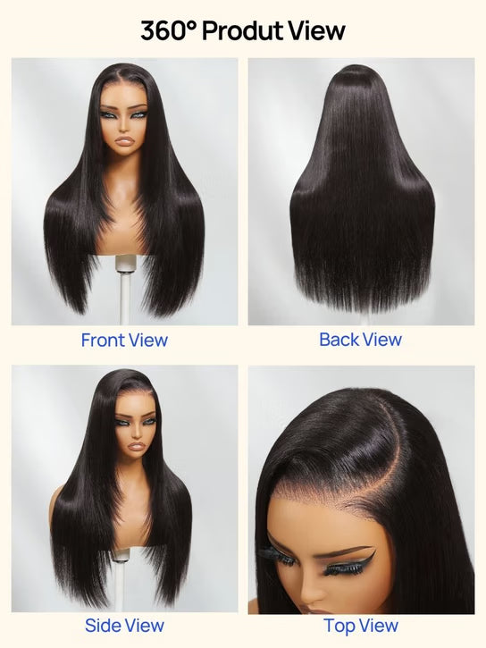 Black wig shown from front, back, side, and top views on a mannequin head.