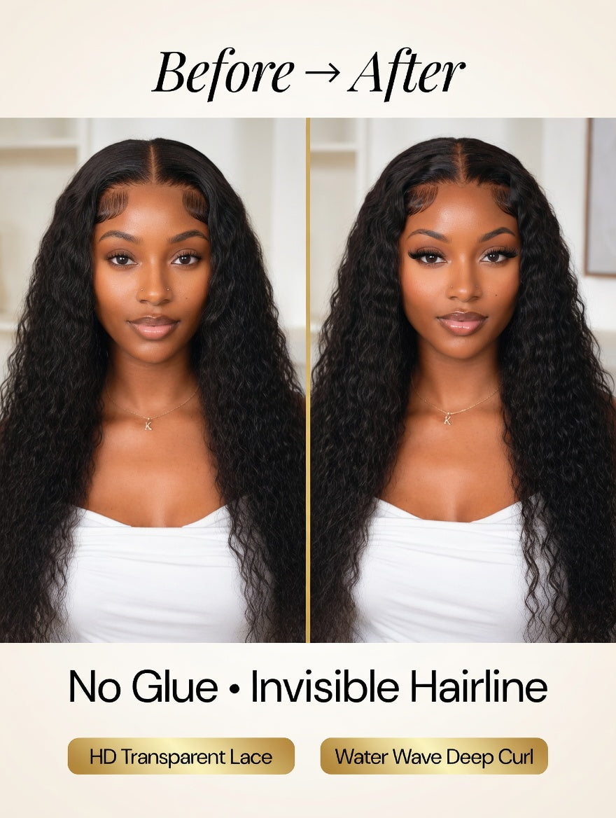 Detail view of lace front and natural hairline with soft texture and natural finish