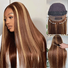 Front view of brown straight human hair wig on model with soft texture and natural finish