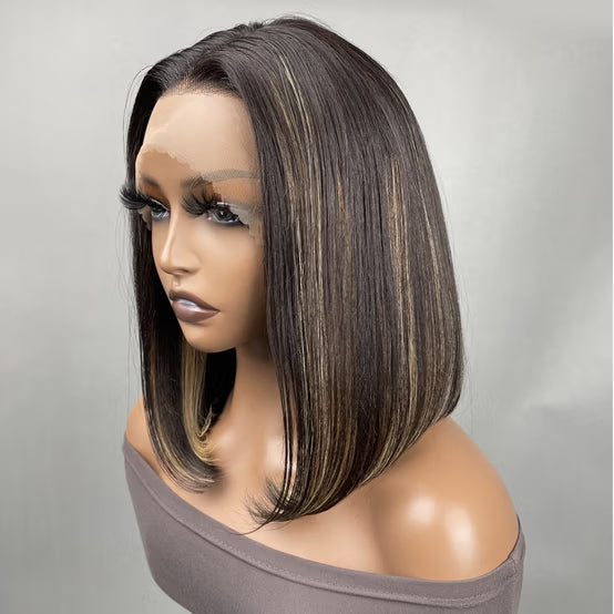 Close-up view of natural black straight human hair wig texture and lace detail