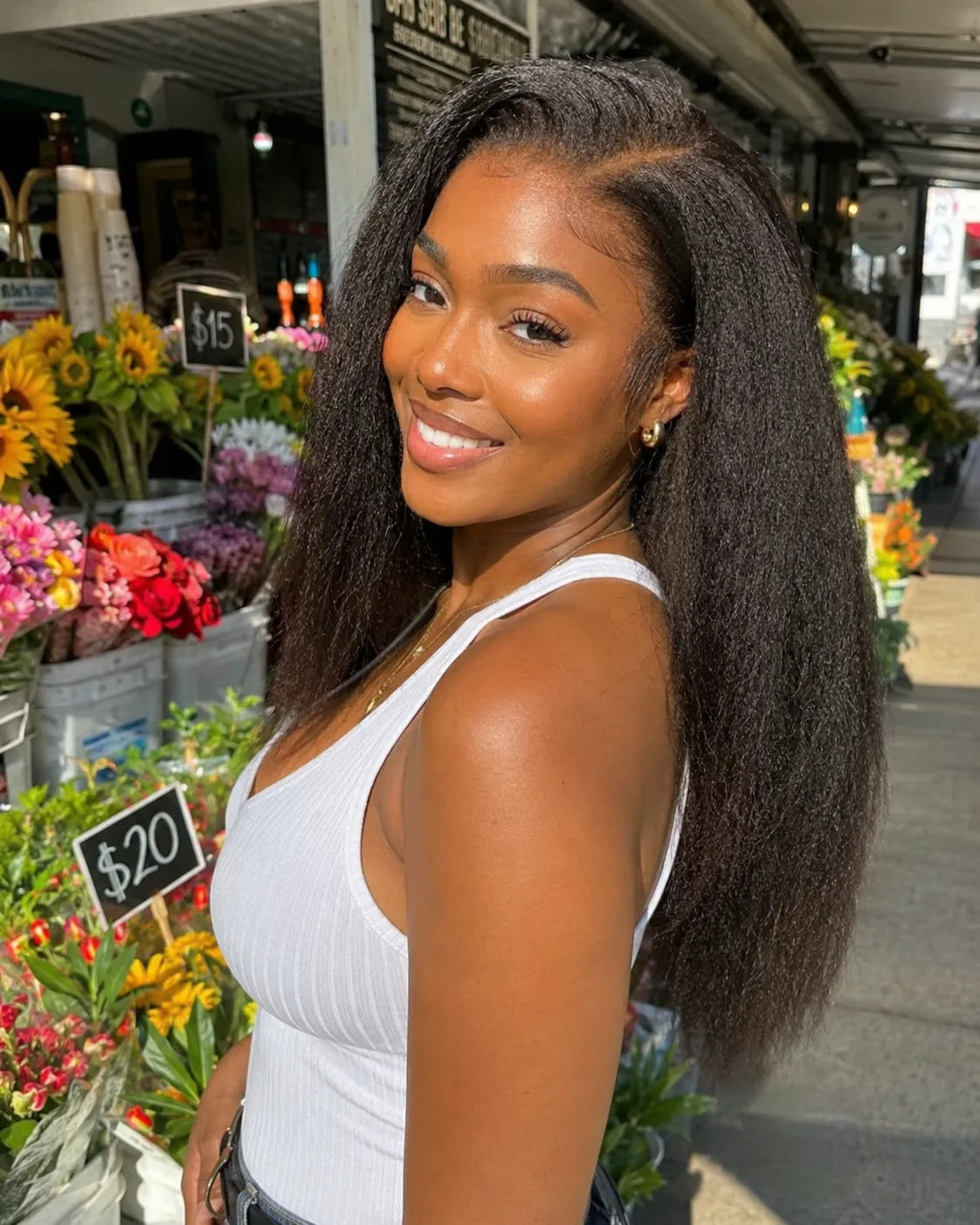 Back view of kinky straight human hair wig with natural volume with soft texture and natural finish