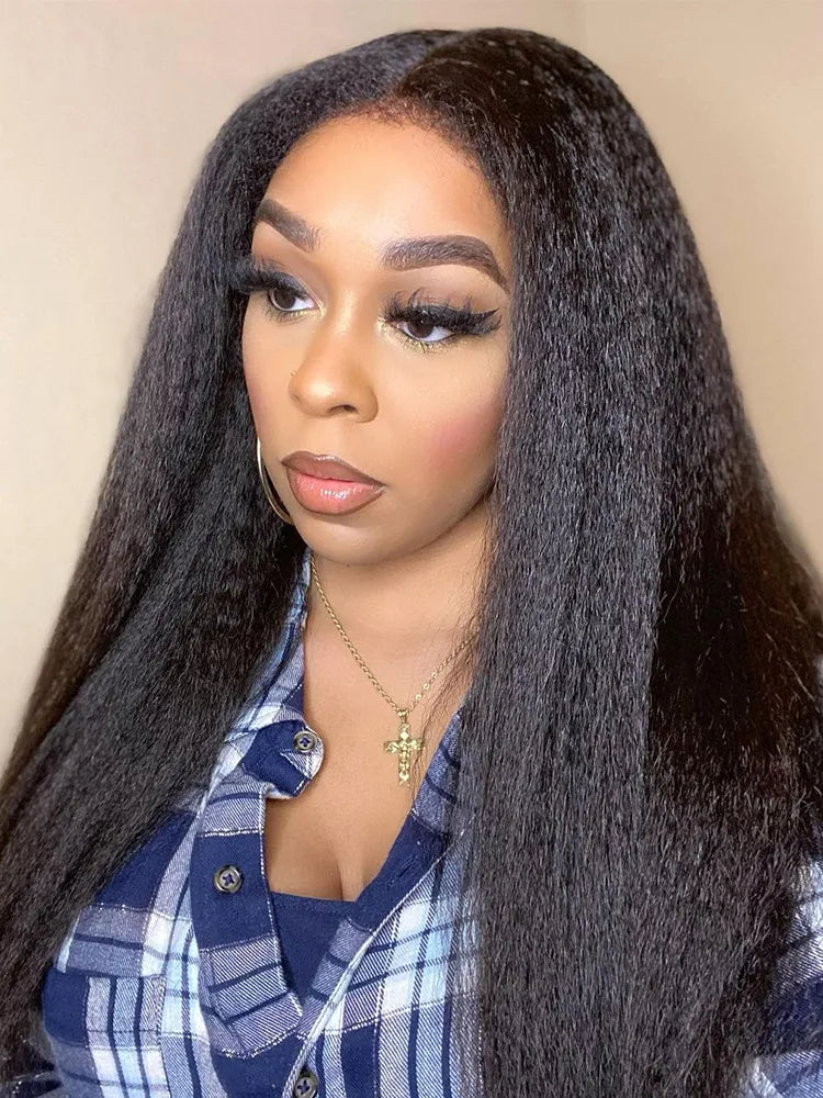 Side view of kinky straight lace wig showing natural hairline with soft texture and natural finish