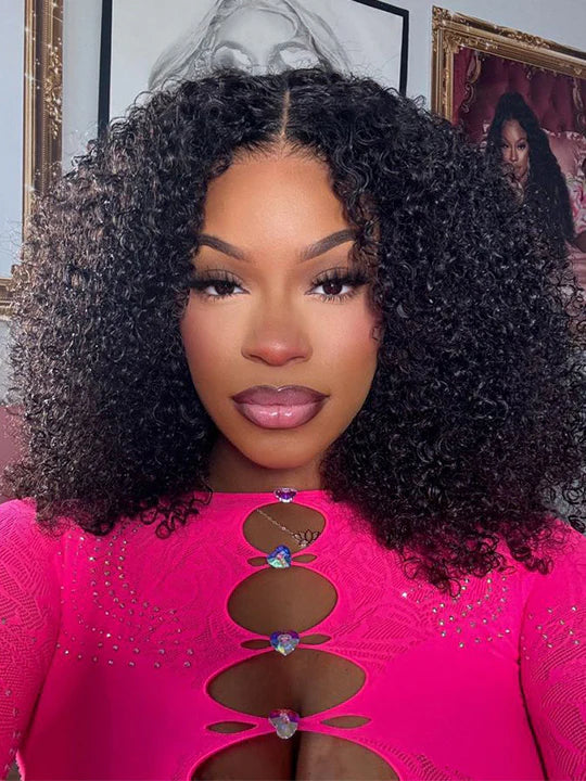 Back view of kinky curly human hair wig with natural volume with soft texture and natural finish