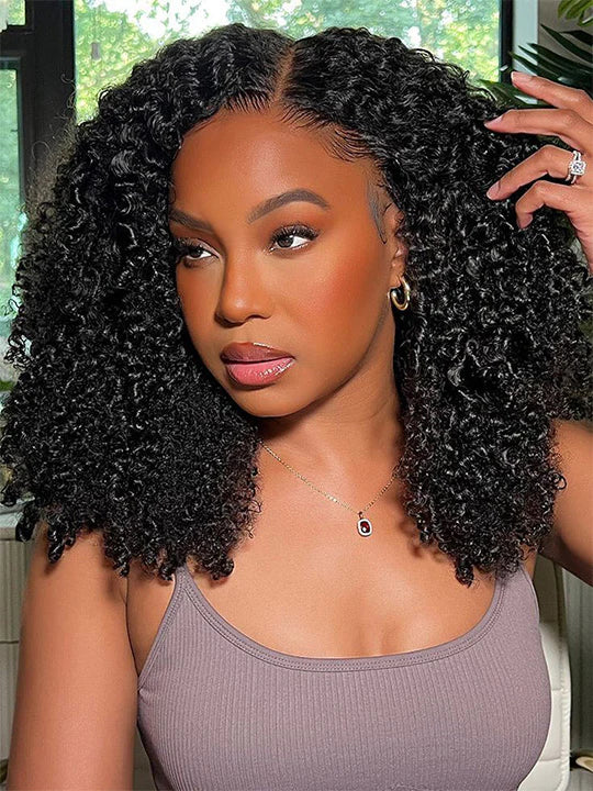 Product detail view of kinky curly human hair wig with soft texture and natural finish