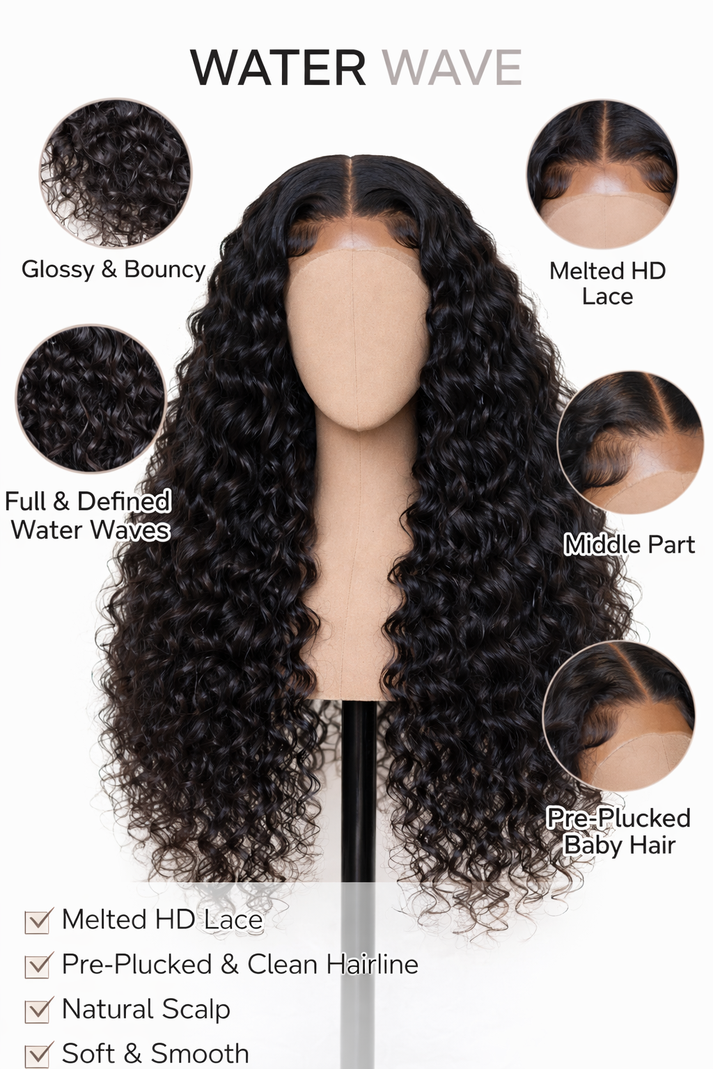 Close-up view of water wave human hair wig texture and lace detail with soft texture and natural finish