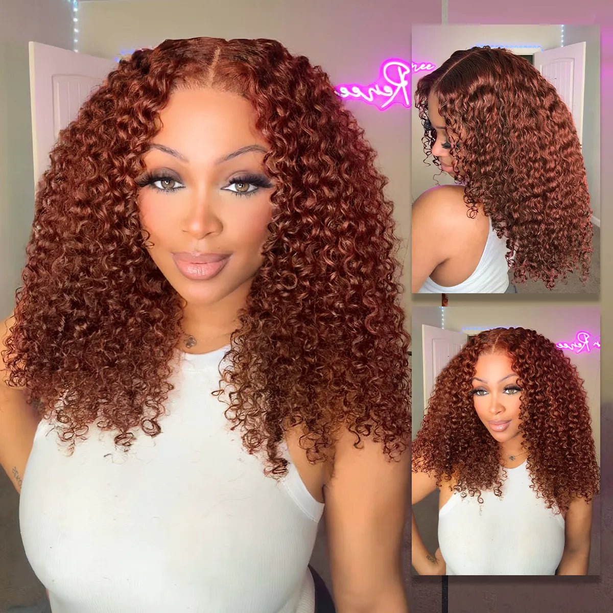 Back view of brown kinky curly human hair wig with natural volume with soft texture and natural finish