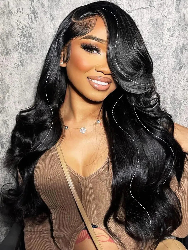 Woman with long, wavy black hair wearing a brown top against a gray textured background