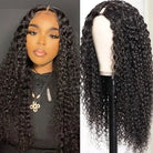Woman wearing a wig with close-up of wig on a mannequin head.