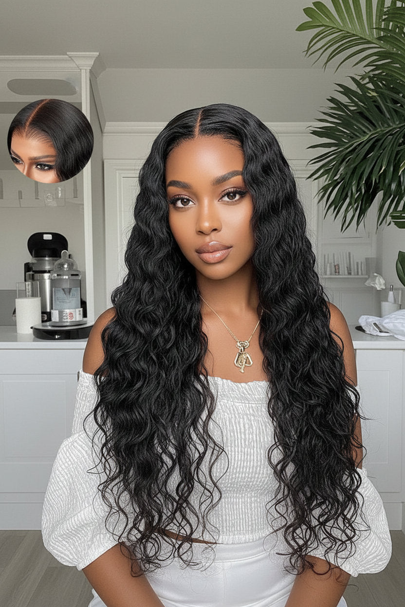 Front view of water wave human hair wig on model with soft texture and natural finish