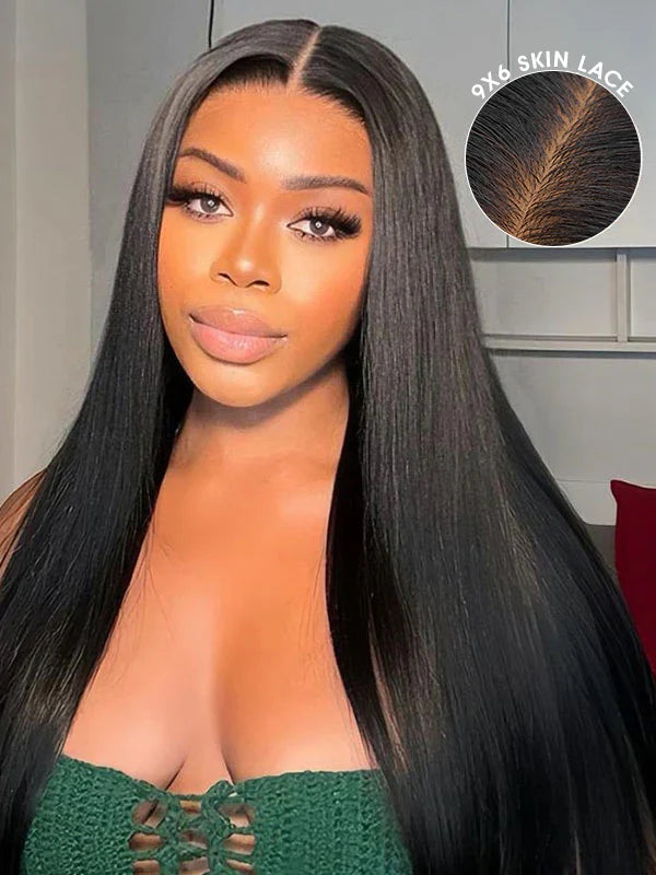 Back view of straight human hair wig with natural volume with soft texture and natural finish