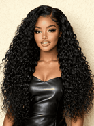 Close-up view of water wave human hair wig texture and lace detail with soft texture and natural finish